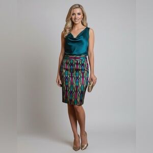 Etcetera NWT Teal Purple Geometric Sateen Pencil Skirt Size 00 XXS Luxe